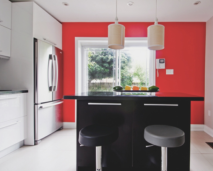 Remodel, main floor, red wall, white kitchen, custom wood veneer pendants