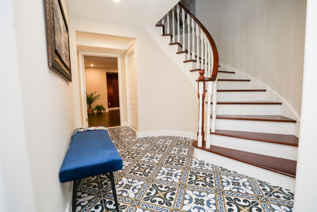 Stairs Basement, patterned tile, oakville basement, space planning + design and finishing